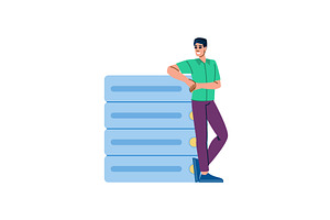 Programmer leaning on server rack, a Technology Illustration by pikepicture