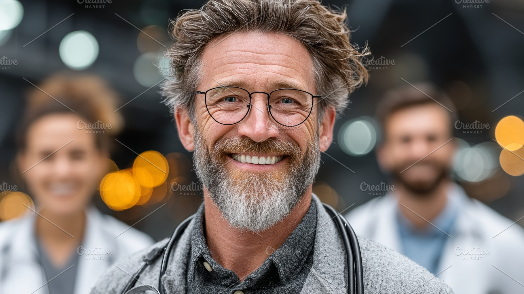 Portrait of a smiling doctor with colleagues in a modern healthcare setting, a Health & Medical Photo by AS photostudio