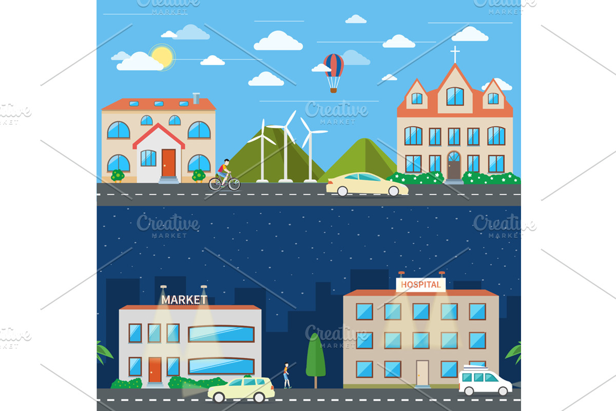 City scene in day and night