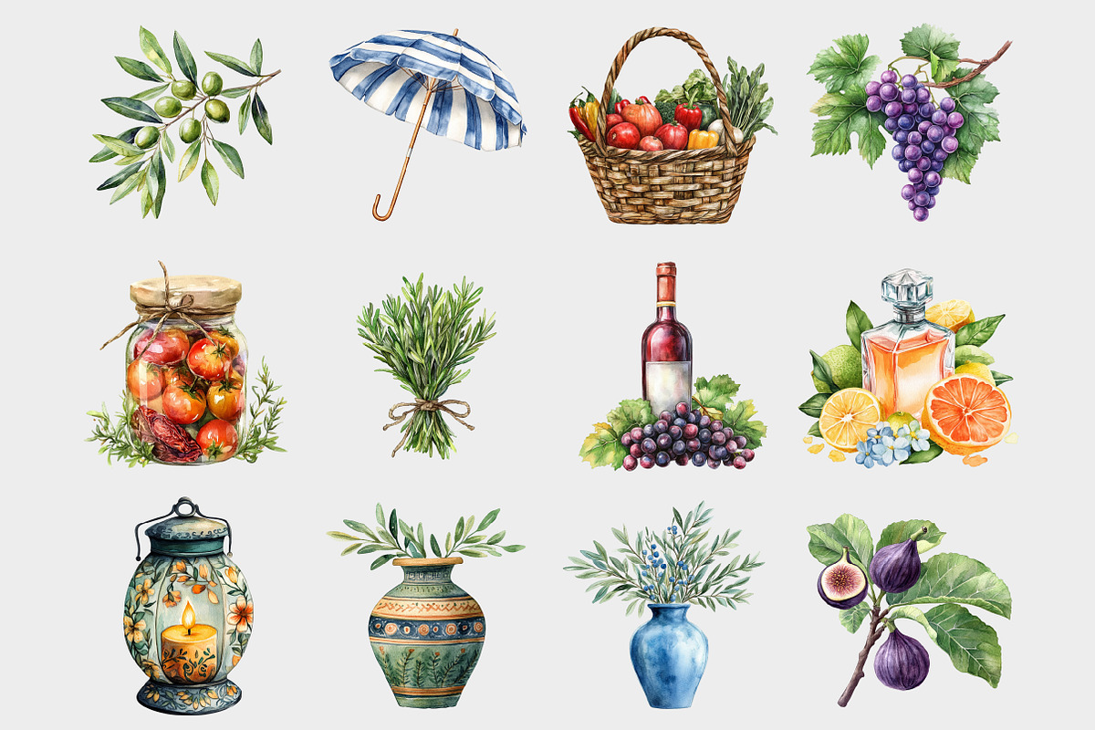 Watercolor Mediterranean Clipart, a Seasonal Illustration by Design Market (Photo 3 of 5)