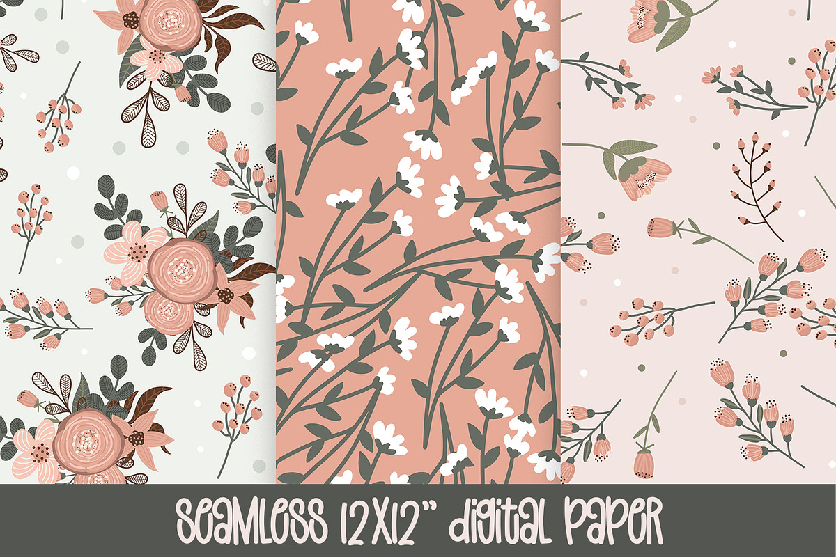 Pink Floral Clipart & Seamless Paper, an Illustration by illuztrate (Photo 2 of 6)