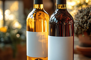 Two wine bottles in soft sunlight on a rustic wooden table, a Food & Drink Photo by AlyaAnd