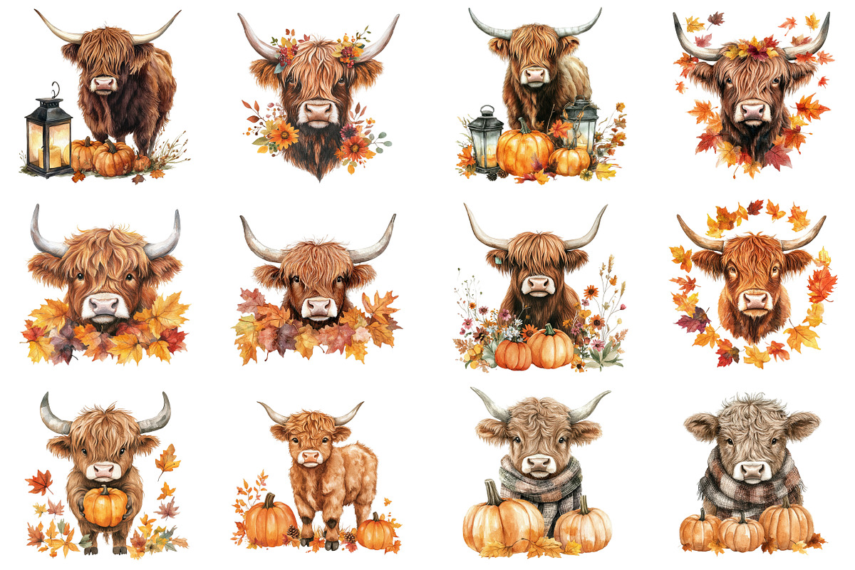 Watercolor Autumn Highland Cow, an Illustration by CitraGraphics (Photo 3 of 6)