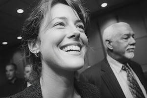 Happy woman at a professional event, smiling portrait with a man in suit in the, a Photo by AS photostudio