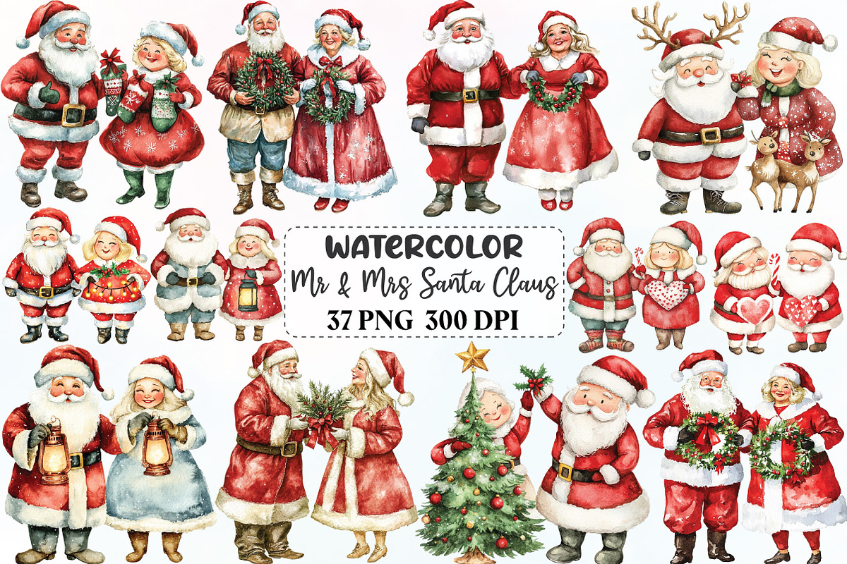 Mr & Mrs Santa Claus Christmas PNG, an Illustration by CraftArtStudio (Photo 1 of 6)