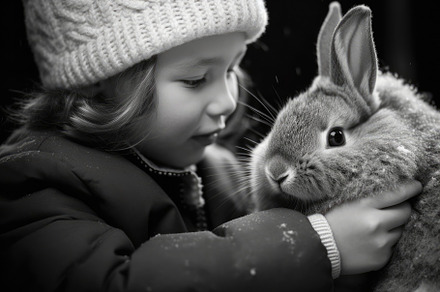 A child's fascination and gentle interaction with a bunny.  Gene, an Animal Photo by designvectx