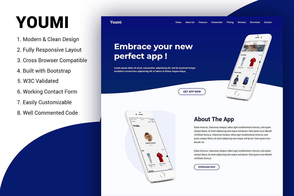 Youmi application landing page, a Bootstrap Template by Youme Techworld