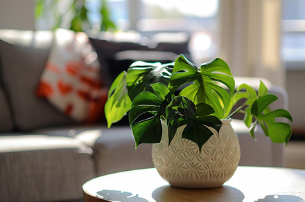 Monstera plant in pot standing on table in modern living room, a Nature Photo by AlyaAnd