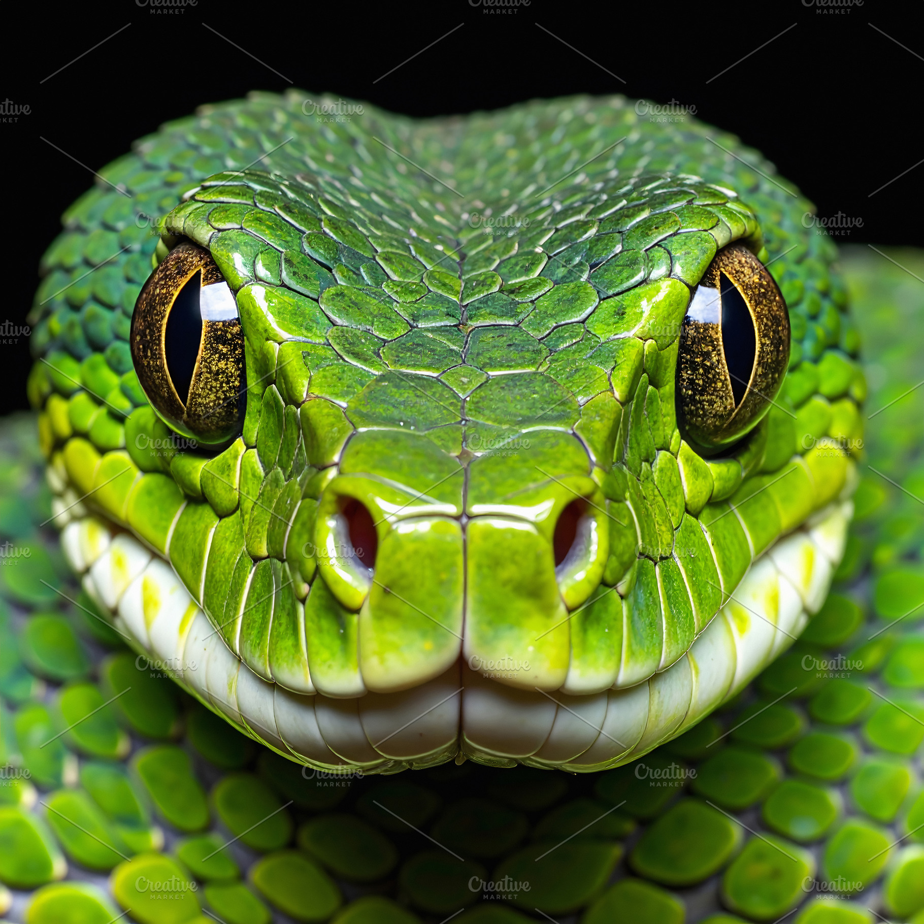 Close-up portrait of a green snake with golden eyes, an Animal Photo by GoodGoods