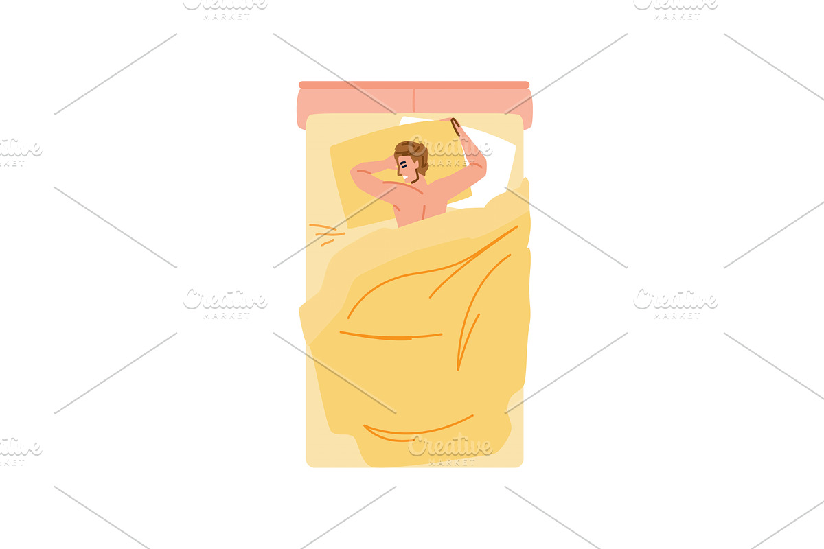 Man sleeping comfortably in bed with, a Person Illustration by pikepicture
