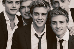 Group portrait of handsome young men in suits, smiling and stand, a Person Photo by Studio ANNA