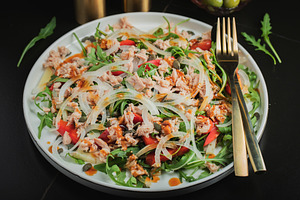 Fresh Tuna Salad with Onions and Cherry Tomatoes. Italian Mediterranean Cuisine, a Food & Drink Photo by Budarinphoto