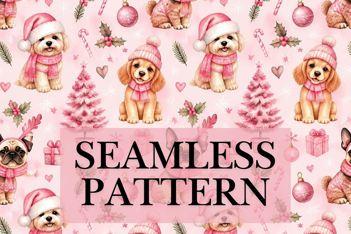 Cute Dogs Christmas Seamless Pattern, a Pattern Graphic by elfy creative (Photo 1 of 4)