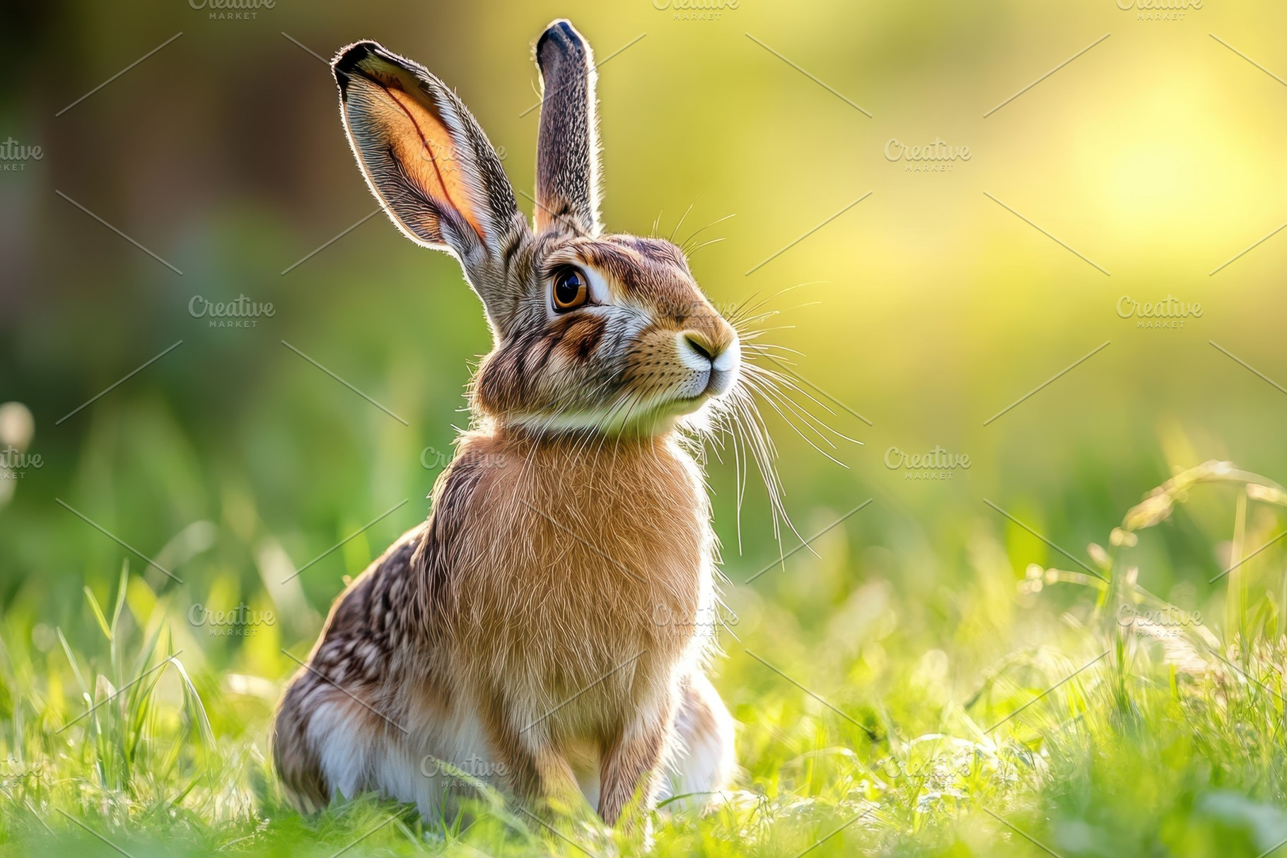 Wild european hare resting in a lush, a Photo by Pavel_design
