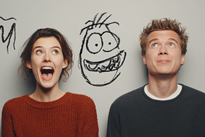Two friends laugh and pose with playful wall drawings in a casual studio settin, a Photo by AS photostudio