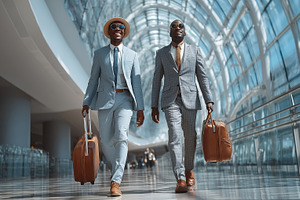 Two stylish businessmen walk through a modern airport terminal with brown suitc, a Photo by AS photostudio