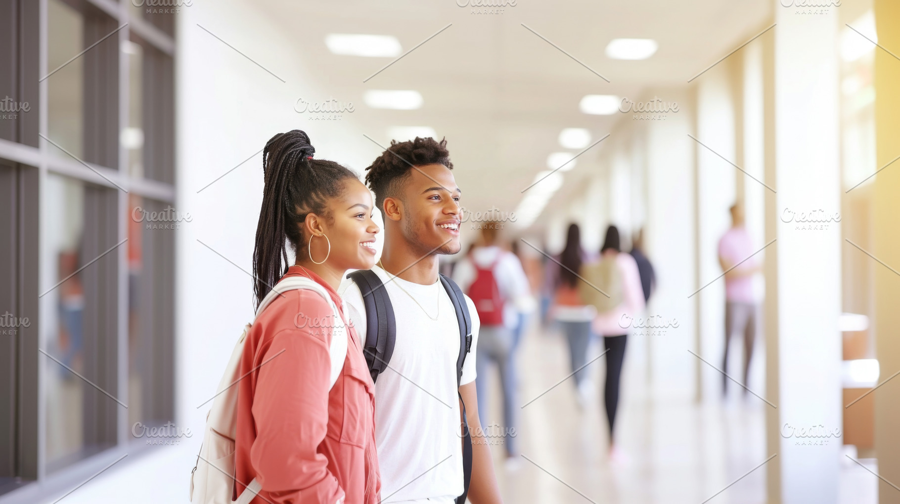 Young african american college students smiling in hallway, a Photo by Dvoevnore photos
