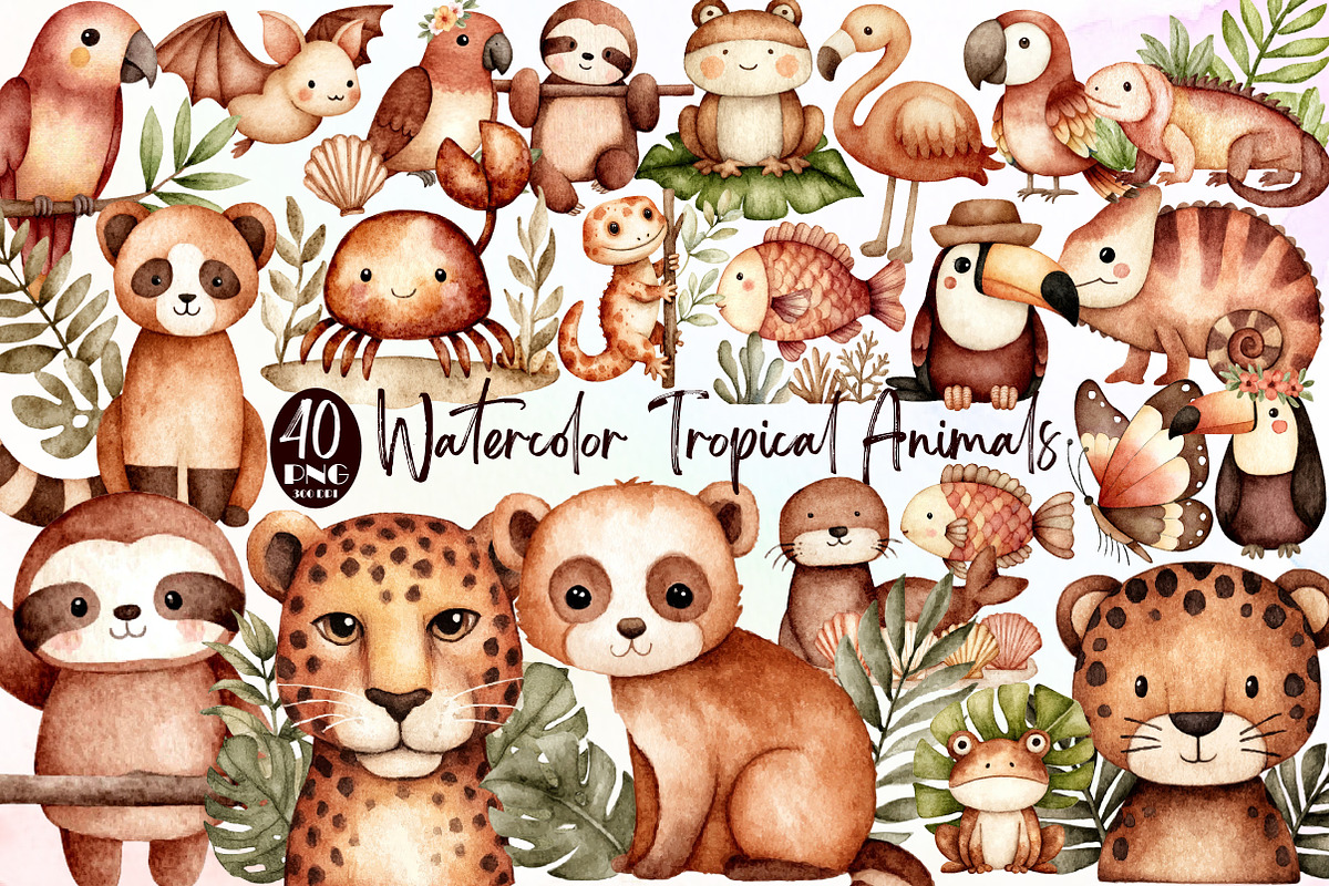 Watercolor Tropical Animals Clipart, an Illustration by Sublimation Artist (Photo 1 of 6)