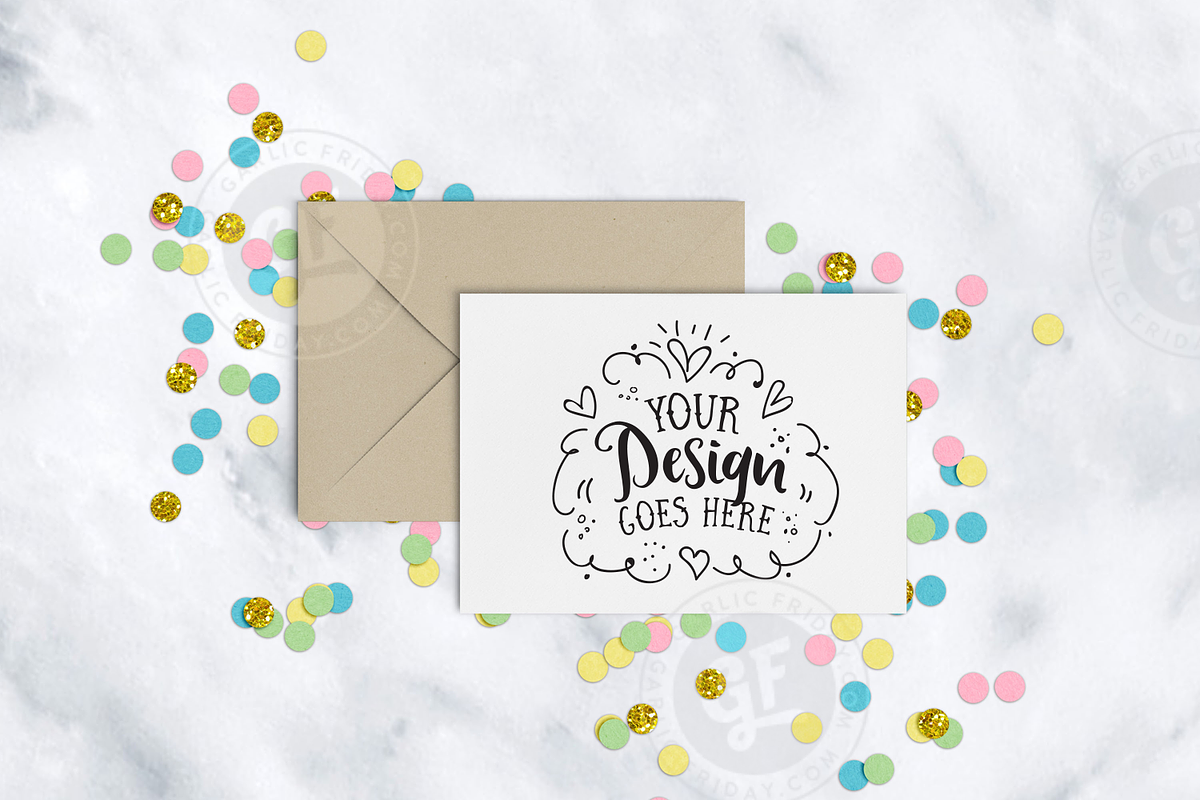 Confetti Greeting Card Mockup, a Print Template by Garlic Friday Design