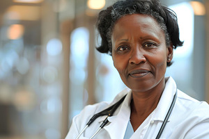 Portrait of african american mature doctor on blurred clinic bac, a Person Photo by AlyaAnd