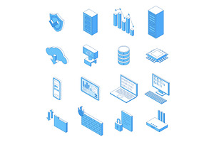 Isometric line data center elements, a Technology Illustration by Valerie Bodnar
