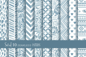 Set of 10 seamless pattern blue