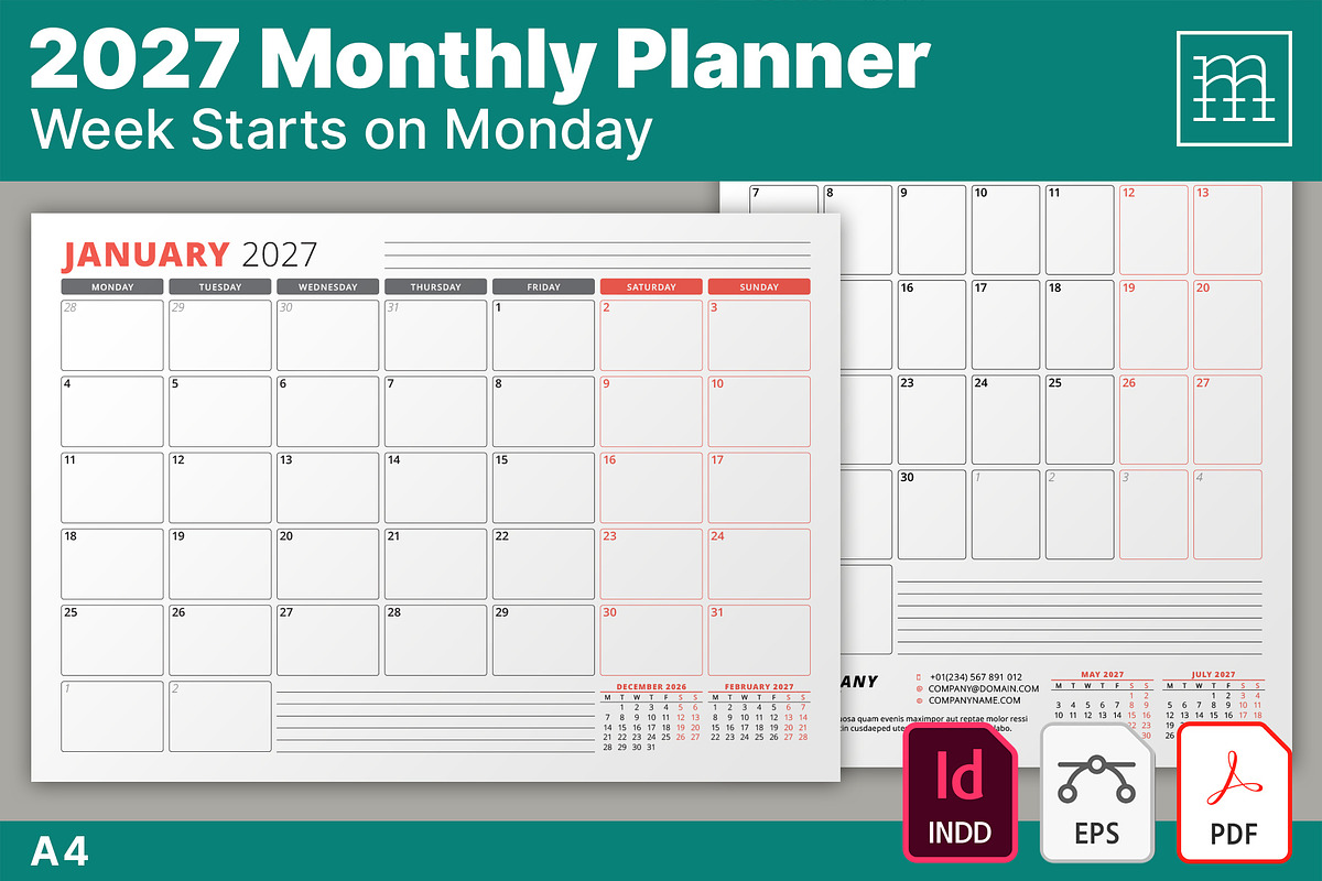 Monthly Planner 2027 (MP038-27-M), a Stationery Template by mikhailmorosin (Photo 1 of 4)