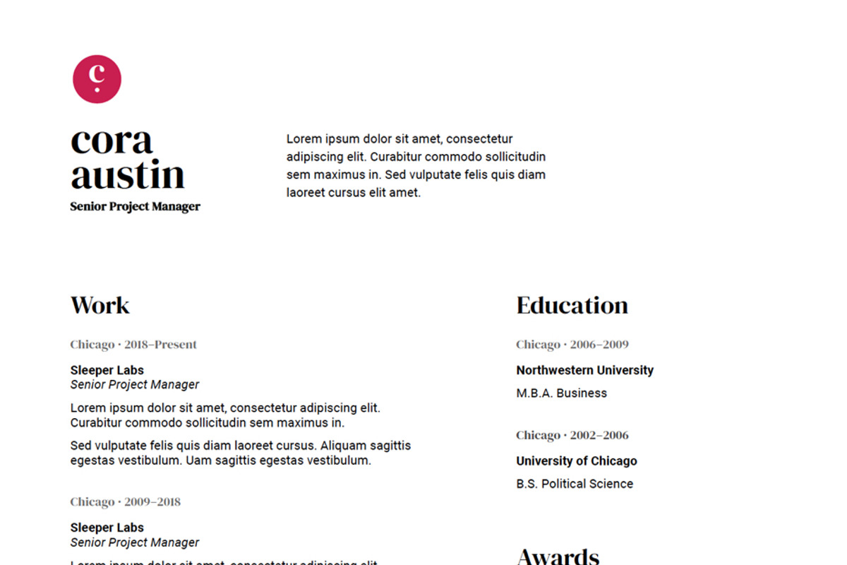Cora - Resume and Cover Letter, a Resume Template by Sleeper Labs (Photo 3 of 6)