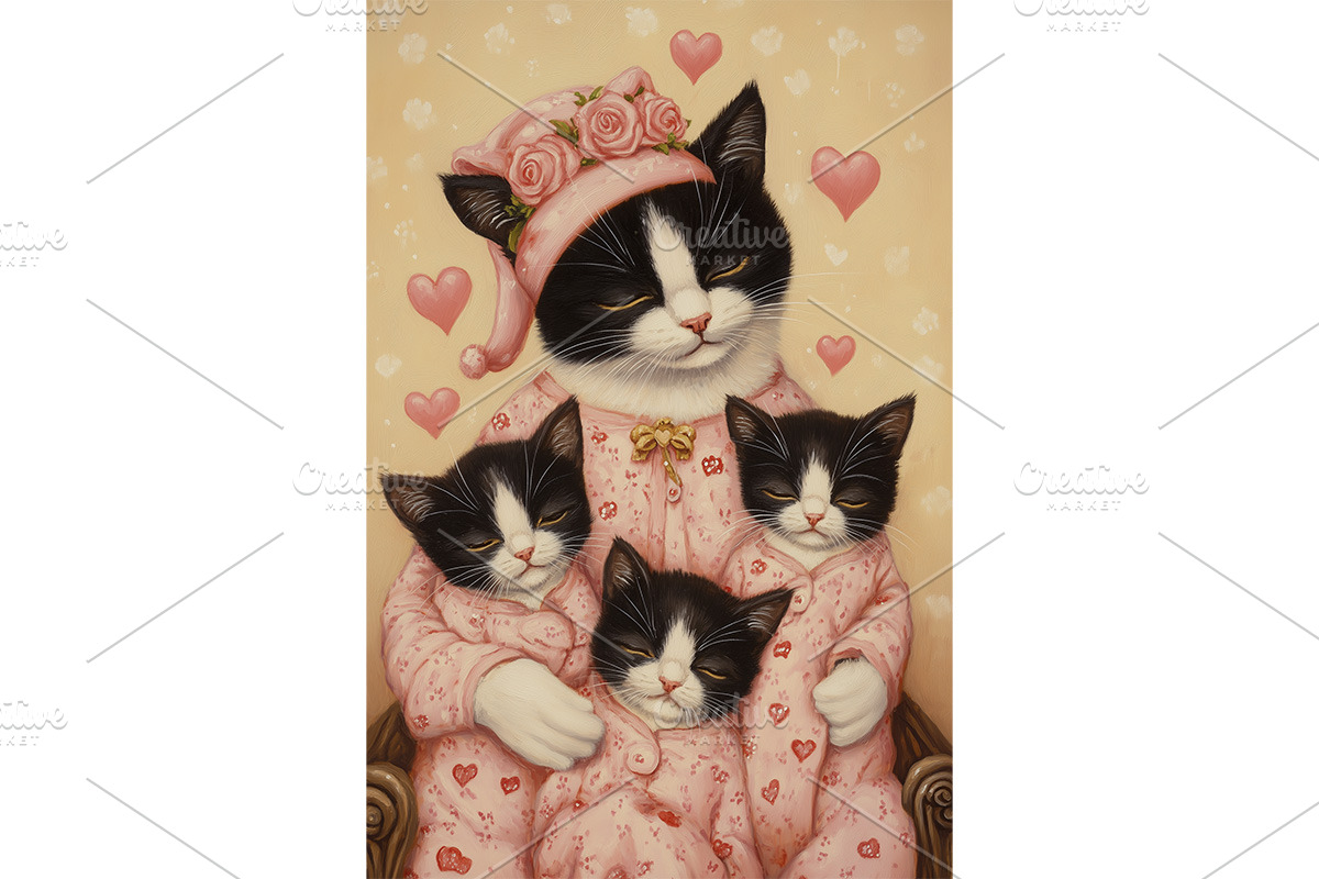 Texudo Cat Family in Pink Pajamas, an Animal Illustration by Art Paradise Studios