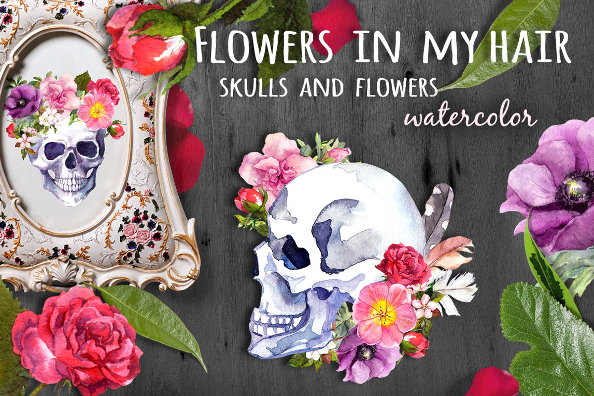 Skulls&flowers. Watercolor, an Illustration by Where summer is (Photo 1 of 10)