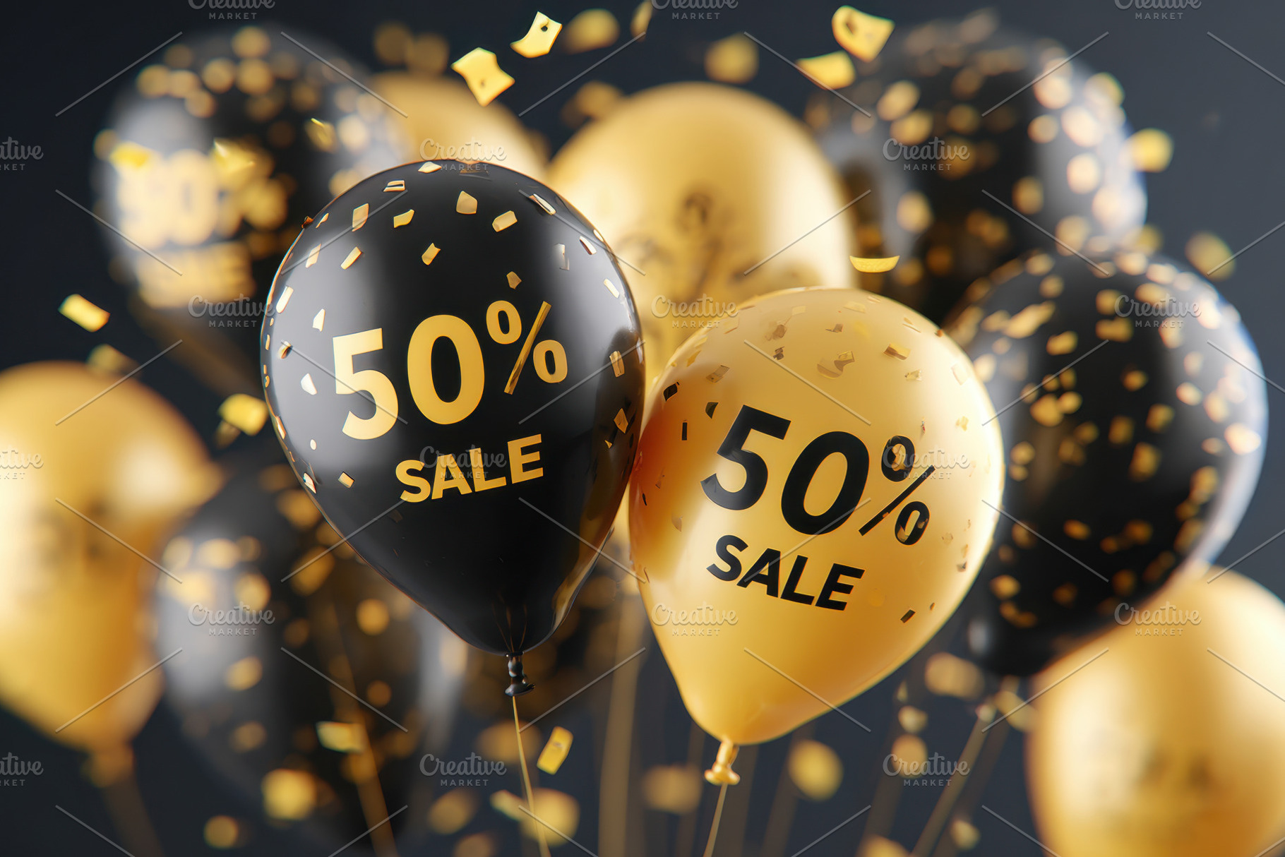 Black and Gold Sale Balloons with Confetti, a Holiday Photo by AlyaAnd