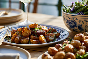 Delicious roasted potatoes and grilled meat with rosemary, warm light for an ou, a Photo by Studio ANNA