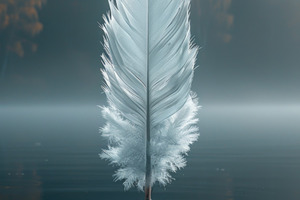 White Feather Reflection on Calm Water with Misty Forest Backgro, a Background Photo by José Manuel Gelpi
