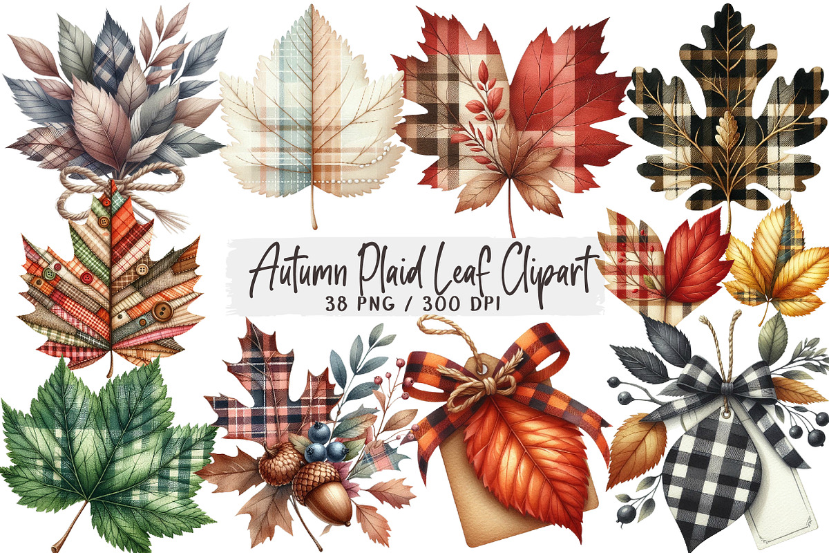 Autumn Plaid Leaf Clipart, an Illustration by DreamArtGraphic (Photo 1 of 4)