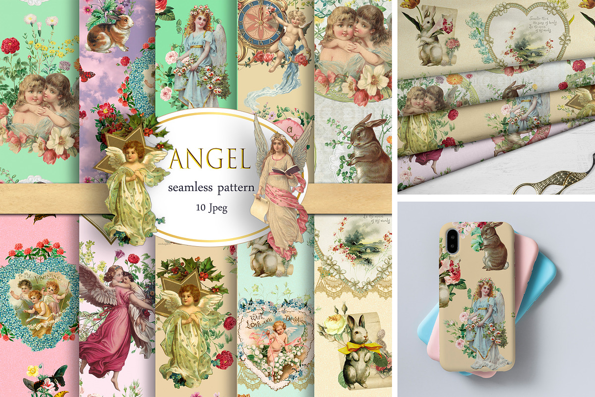 Angel and rabbit vintage seamless, a Pattern Graphic by NastiaDesignsPrints (Photo 1 of 7)