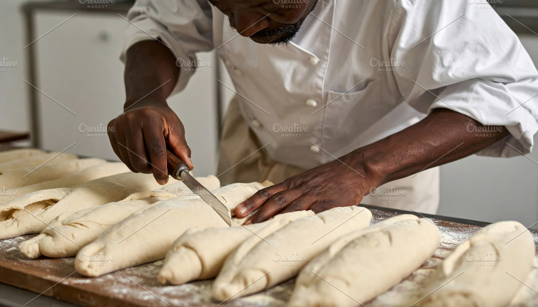 Black Baker Scoring Dough Before Baking, a Food & Drink Photo by Davizro's Market