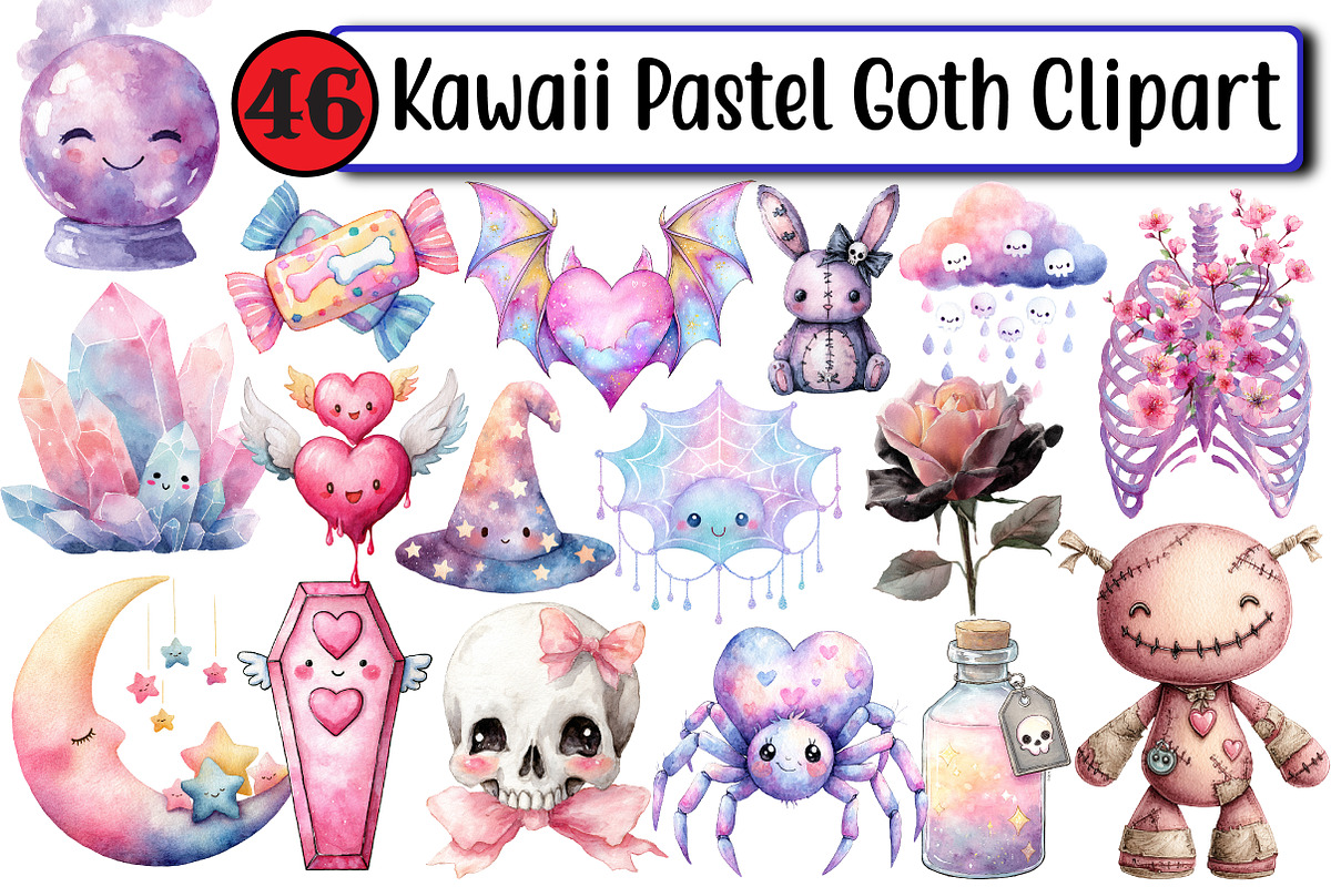 Kawaii Pastel Goth Clipart, an Illustration by Design Market (Photo 1 of 3)