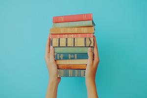 Books held by woman against blue bg, a Photo by Pavel_design