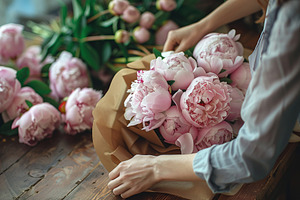 Female florist wrapping in craft paper bouquet of peony flowers in flower shop, a Photo by AlyaAnd