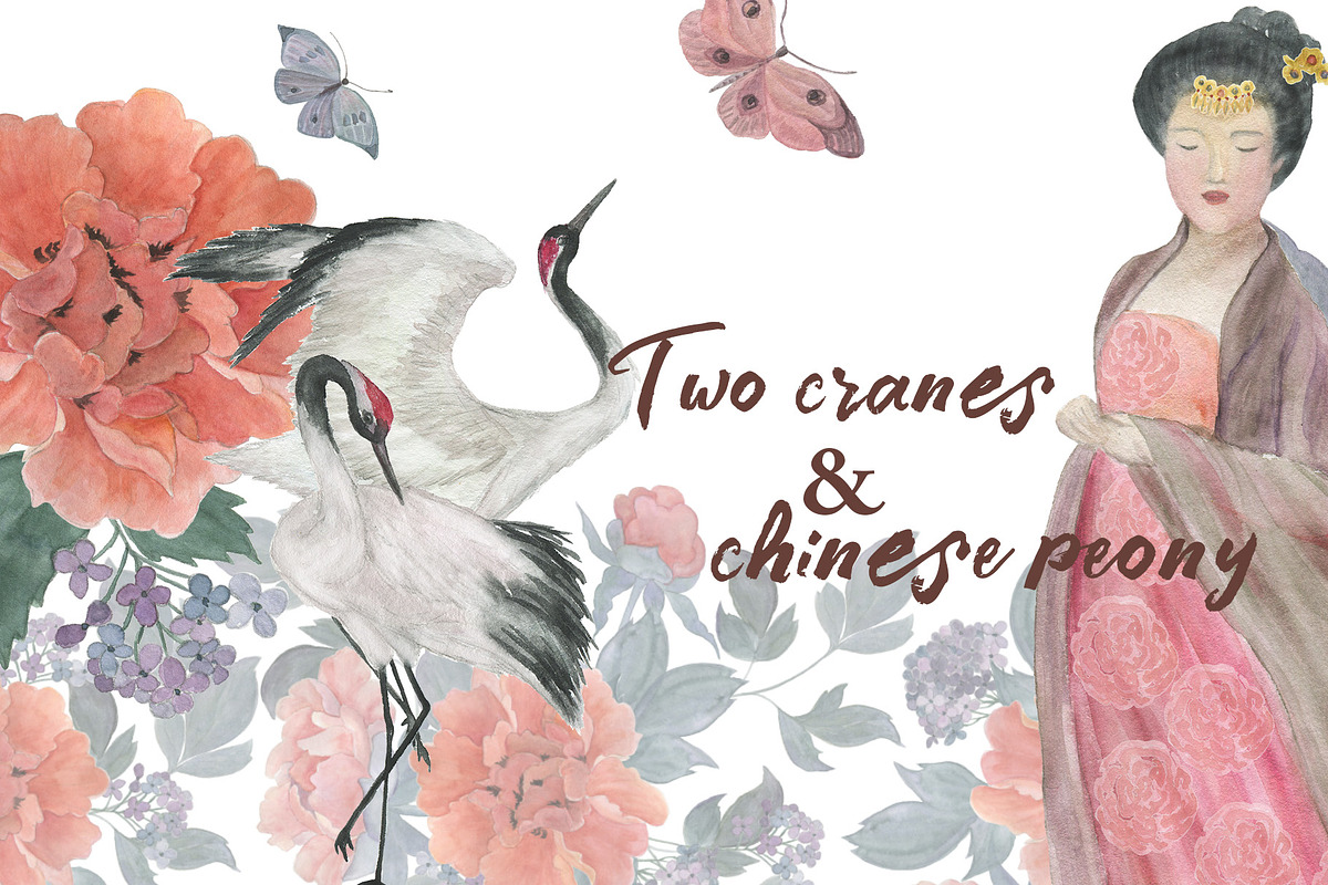 Two cranes and chinese peony, a Pattern Graphic by ramika (Photo 1 of 6)