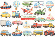 Watercolor Transportation Clipart, a Transportation Illustration by Villa 11 Estudio (Thumbnail 1 of 8)