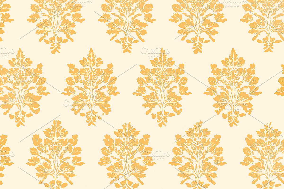 Seamless damask pattern with yellow baroque floral motifs creati, a Pattern Graphic by Studio ANNA