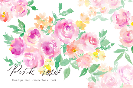 Pink roses watercolor clipart set