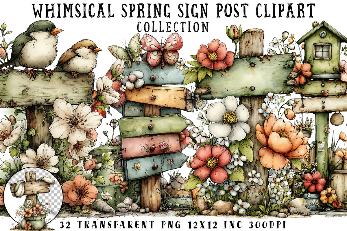 Whimsical Spring Sign Post Clipart, an Illustration by OK Design (Photo 1 of 6)