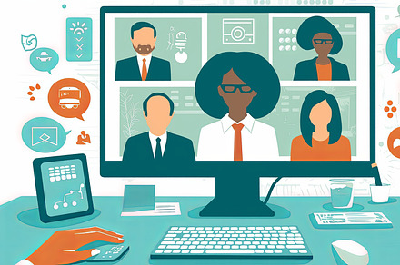 Virtual meeting concept with diverse avatars and digital workspace essentials, an Illustration by AS photostudio