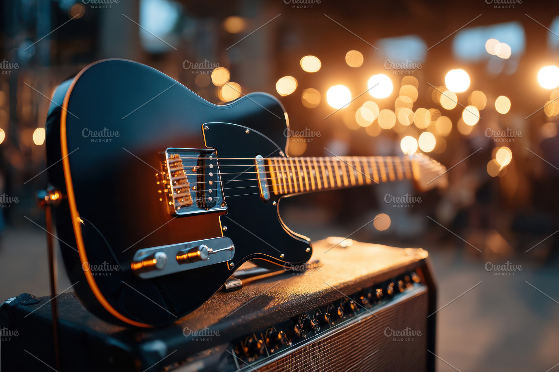 Black electric guitar on amplifier with bokeh lights, an Arts & Entertainment Photo by AlyaAnd