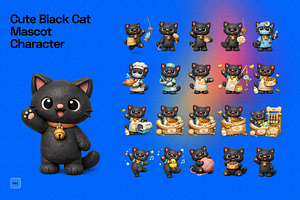 3D Cute Black Cat Mascot Character