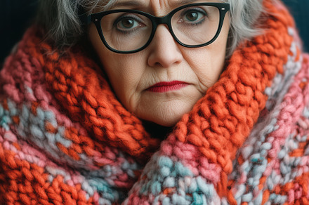 A senior woman with gray hair wrapped in a colorful knitted blanket, looking se, a Person Photo by Textures & Backgrounds