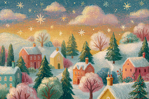 Festive winter village scene, charming houses covered in snow, d, a Decorative Illustration by Anneleven