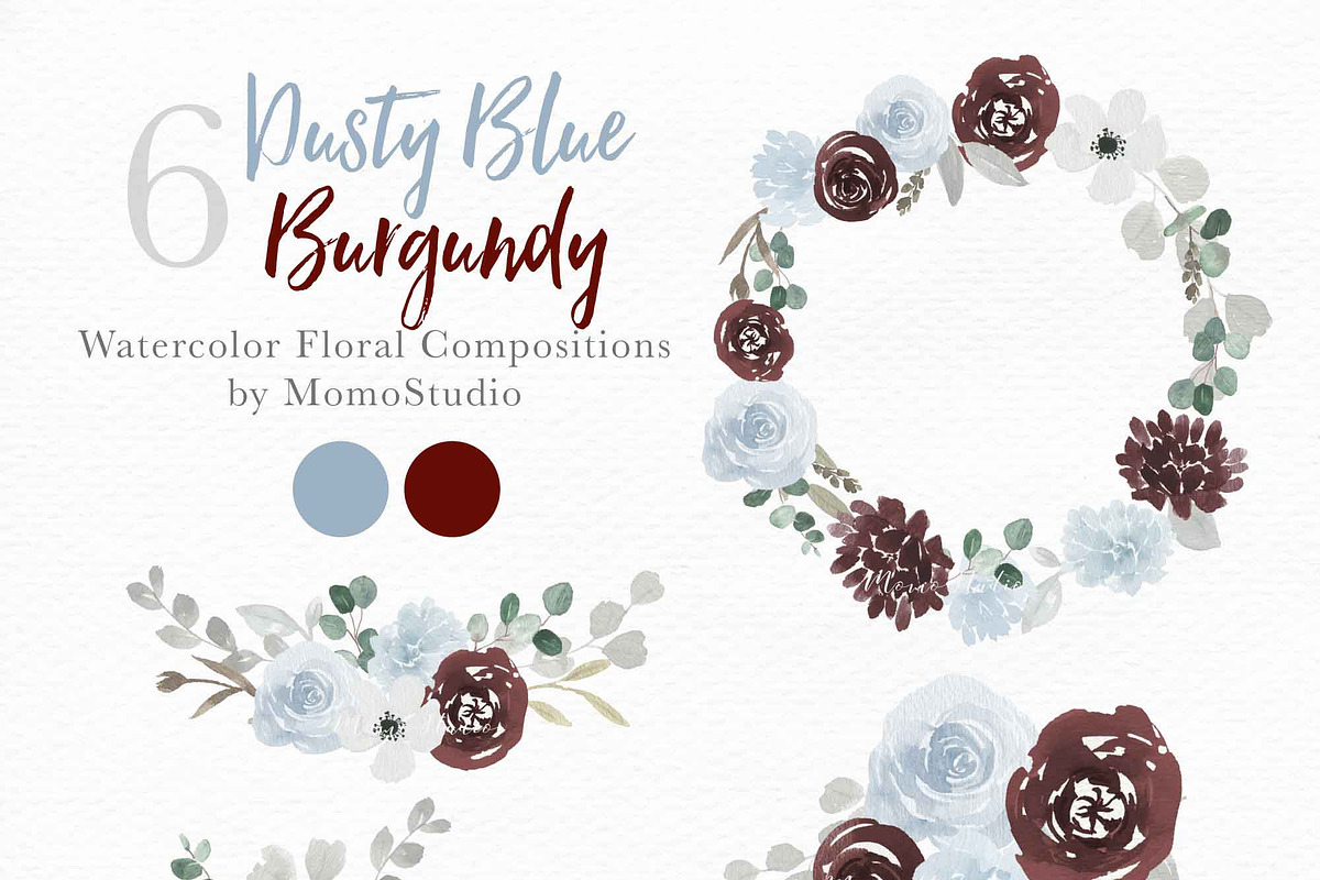 Dusty Blue and Burgundy Florals, a Work Illustration by Momo Studio (Photo 2 of 12)